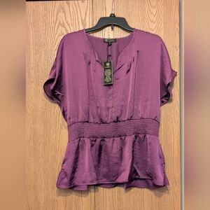 DG2 Purple Smocked Peplum Blouse with Mandarin Collar